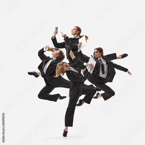 Collage with confident business women in classical suits holding documents, smartphone and conducting business negotiations isolated on white background photo