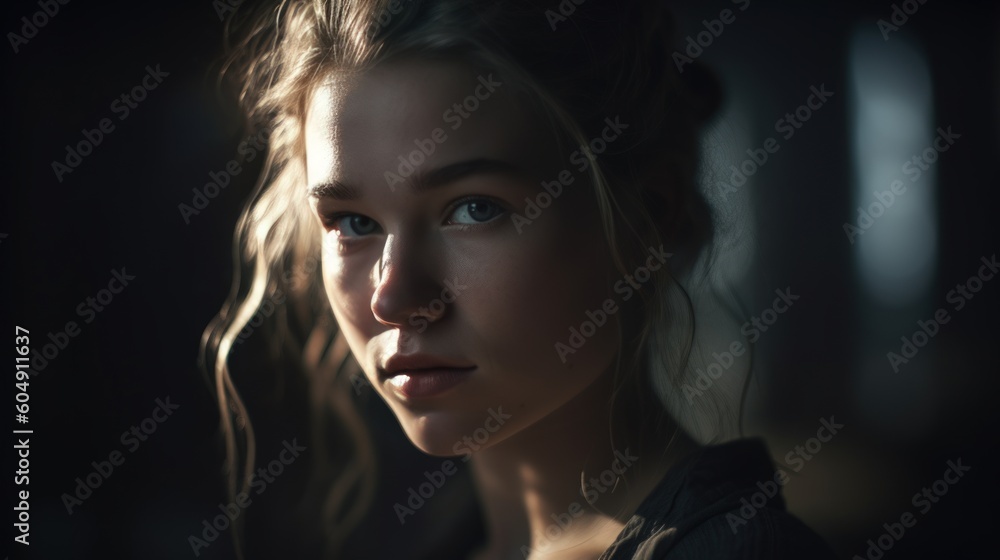A female model captured in a mesmerizing photography, showcasing the interplay of light and shadow. Generative AI A female model captured in a mesmerizing photography, showcasing the interplay of light and shadow. Generative AI
