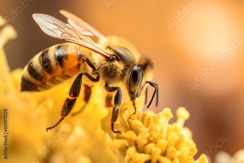 A bee is busy pollinating flowers and collecting pollen from a flower, macro, generative ai