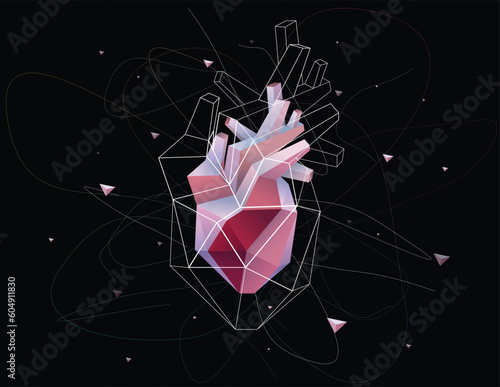 3D illustration of a human heart presented in geometric shapes consisting of white lines scattered around its periphery. Medical, educational and commercial use.