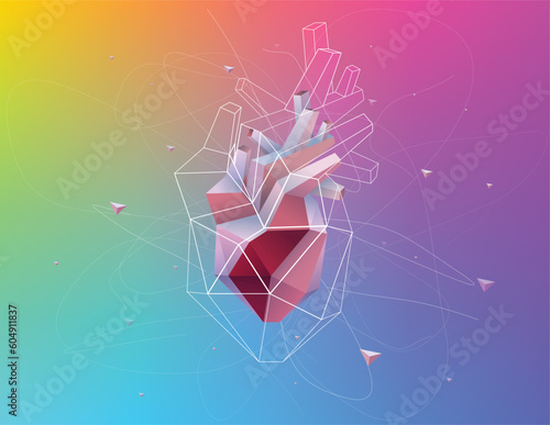 3D illustration of a human heart presented in geometric shapes consisting of white lines scattered around its periphery. Medical, educational and commercial use.
