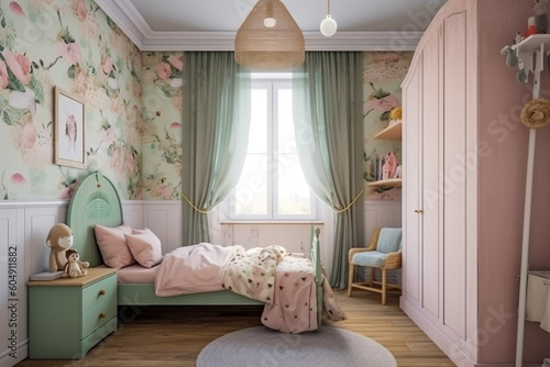 Modern cozy childrens room  classic interior design with pastel colors. Super photo realistic background  generative ai illustration