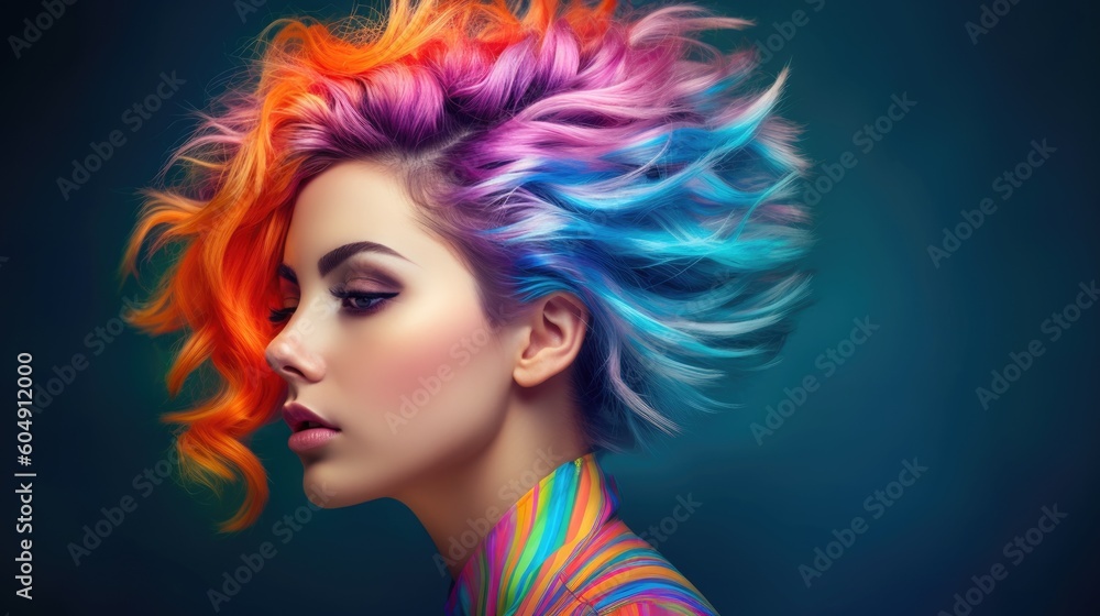 Pretty girl with colorful hair. Generative AI