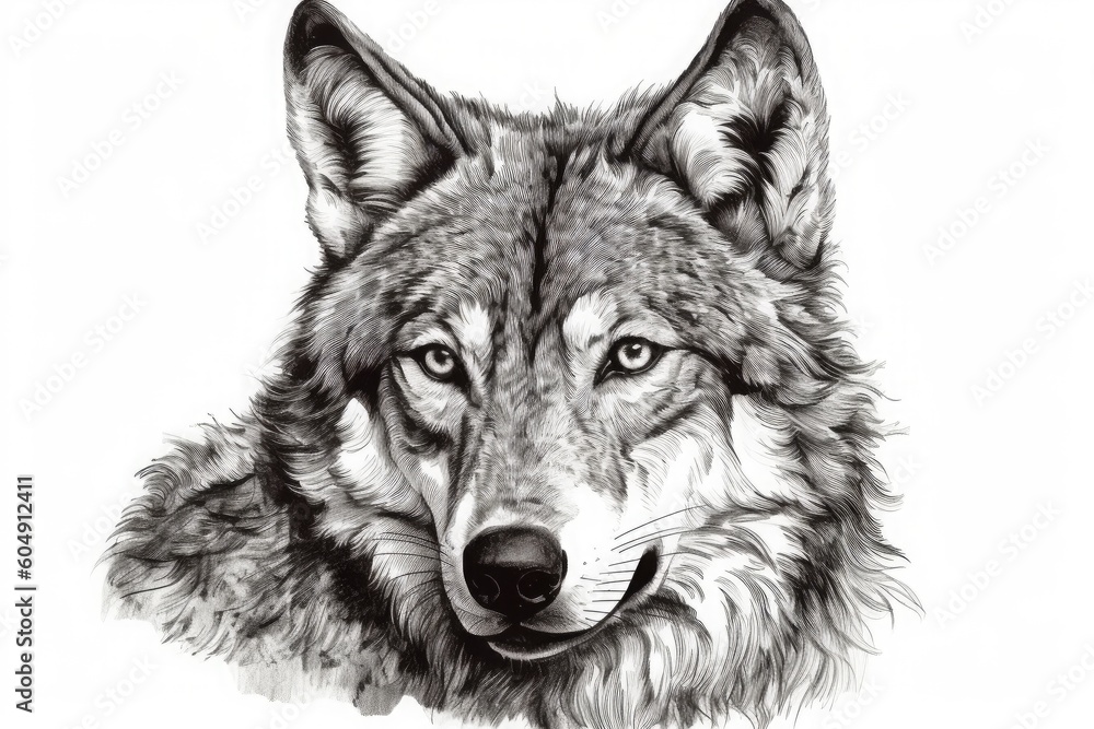 Obraz premium Hand drawing, face of a wolf on a white background. Generative ai.