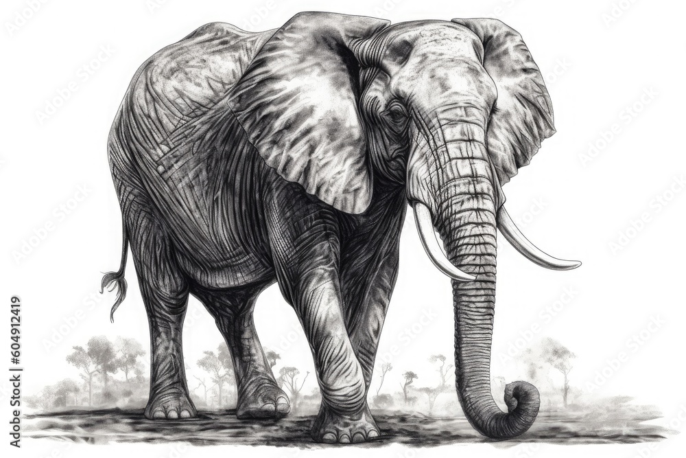 Black and white illustration of an African elephant on a white background. Generative ai.