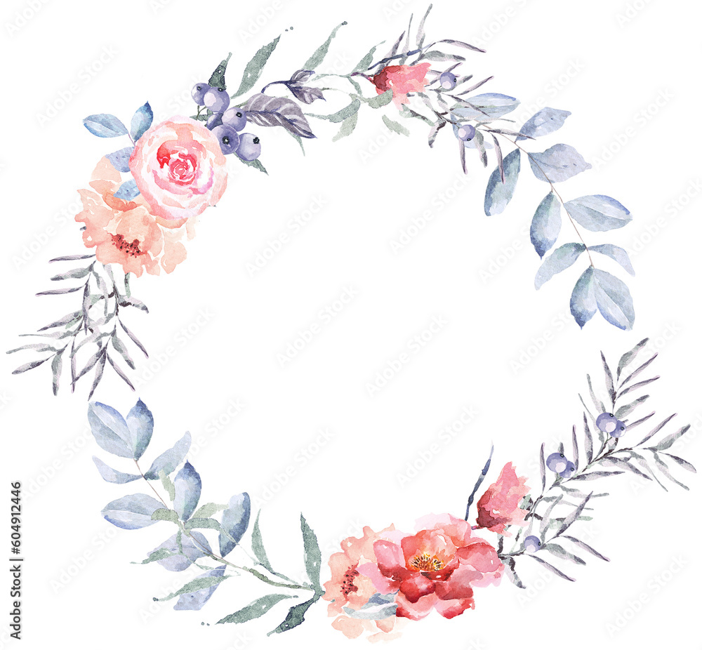 Rose wreath painted in watercolor.Elegant floral collection with isolated rose, flower arrangements of roses, hand drawn watercolor.Design for invitation, wedding or greeting cards.
