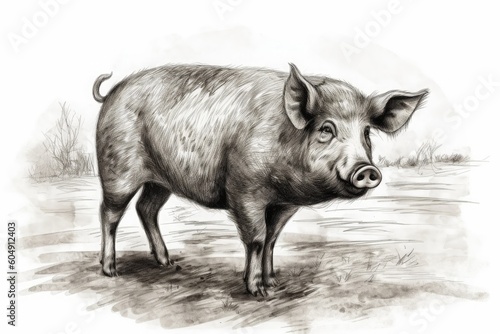 Drawn domestic pig on a white background. Generative ai.
