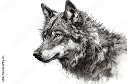 Portrait of a wild fluffy wolf on a white background, pencil drawing. Generative ai.