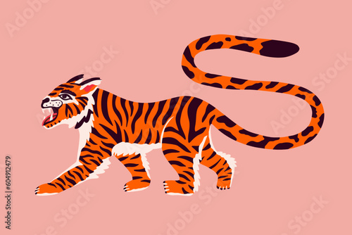 Stylish siberian tiger in groovy stile. Vector hand drawn cartoon illustration isolated on background. Tiger print for t shirt, poster, tattoo, decorate. Endangered animal.
