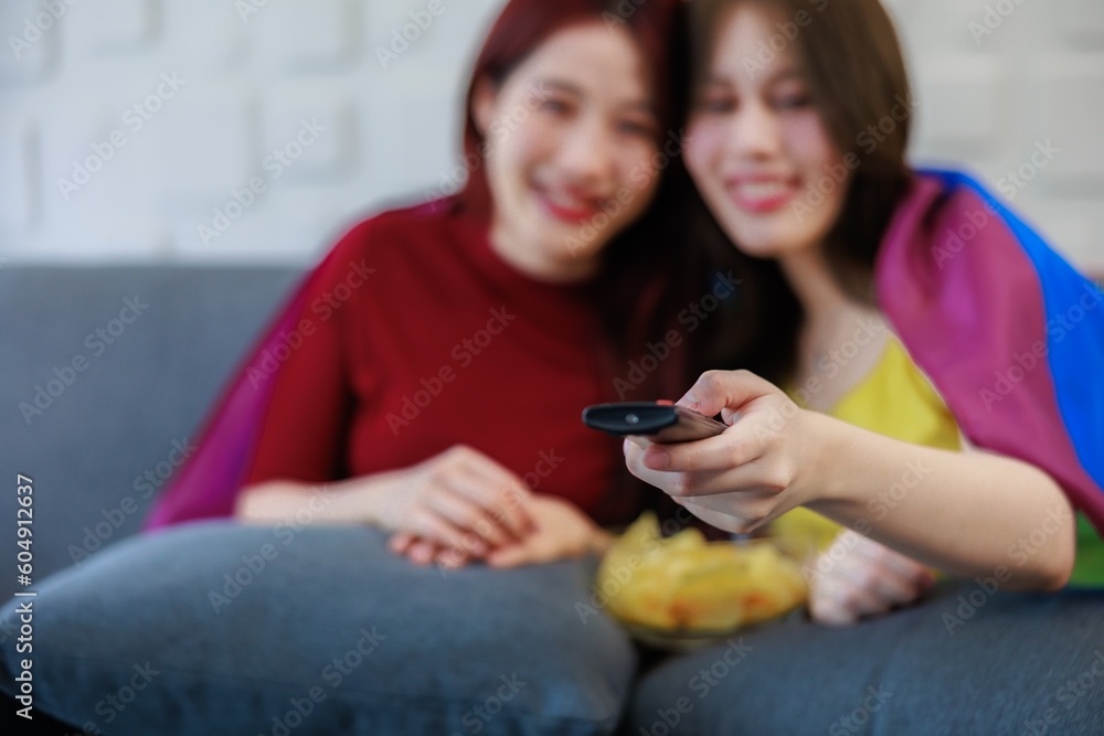 Fototapeta premium Female couple enjoying time together on a sofa. watching the television with a bowl of snack.