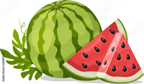 Ripe watermelon with a slice and a triangle on a white background.