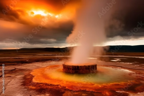 Beautiful eruption of a big geyser during sunset. Geyser landscape with emissions of hot water. Dark clouds on background. High quality photo