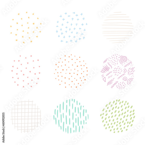 Abstract textures, isolated elements collection. Hand drawn vector design, clipart set. Round shapes, backgrounds with patterns. Hearts, stars, stripes, dots, squares crosses childish doodles