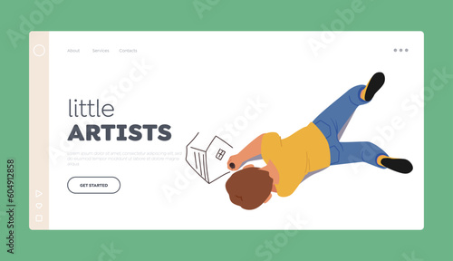 Little Artists Landing Page Template. Little Boy with Pencil Enjoy Drawing. Kid Painting, Baby Character Create Pictures