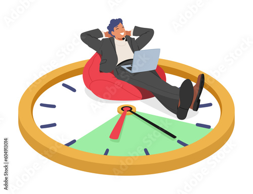 Efficient Time Management Vector Concept with Relaxed Man Lying On Giant Clock With Laptop Symbolizes Effective Planning
