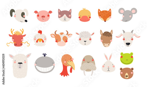 Cute funny baby animals faces illustrations set. Hand drawn cartoon characters. Scandinavian style flat design, isolated vector. Kids print elements, clipart collection, wildlife, nature, poster, card