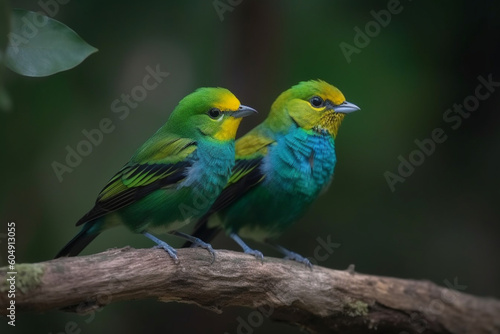 Cute birds, Beautiful tanager Blue-naped Chlorophonia Chlorophonia cyanea exotic tropical green songbird from Colombia, Wildlife from South America, Birdwatching in Colombia, Two animals on branch, © alisaaa
