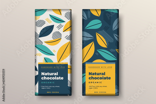 Organic dark and milk chocolate bar design. Creative abstract choco packaging vector mockup. Trendy luxury product branding template with label and pattern.