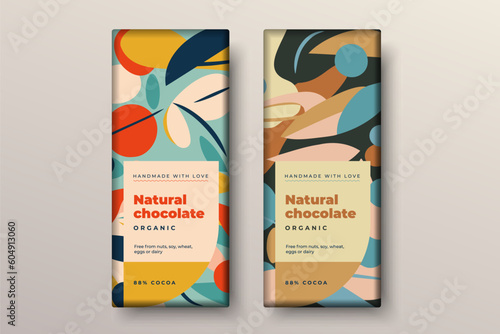 Organic dark and milk chocolate bar design. Creative abstract choco packaging vector mockup. Trendy luxury product branding template with label and pattern.