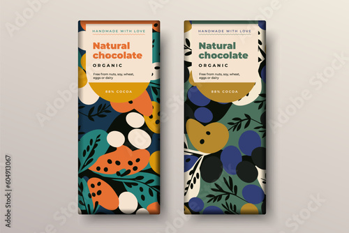 Organic dark and milk chocolate bar design. Creative abstract choco packaging vector mockup. Trendy luxury product branding template with label and pattern.