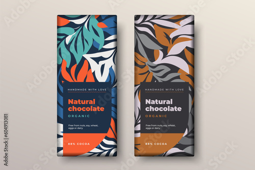 Organic dark and milk chocolate bar design. Creative abstract choco packaging vector mockup. Trendy luxury product branding template with label and pattern.