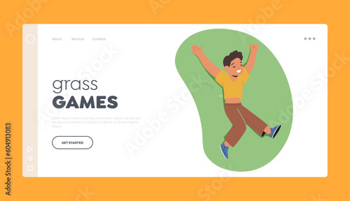 Grass Games Landing Page Template. Boy Resting On Lush Green Meadow View From Above. Serene And Peaceful Kid