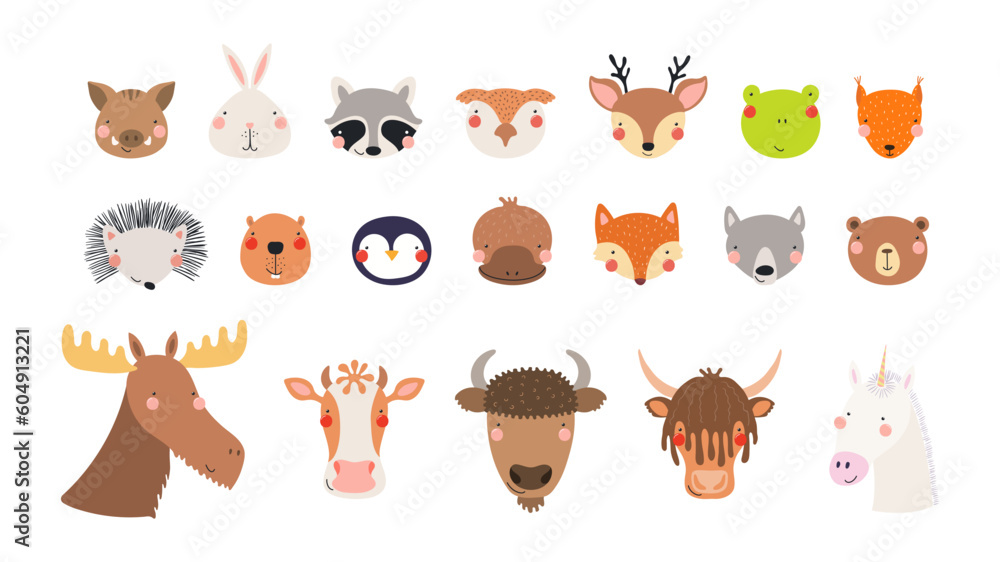 Cute funny baby animals faces illustrations set. Hand drawn cartoon characters. Scandinavian style flat design, isolated vector. Kids print elements, clipart collection, wildlife, nature, poster, card