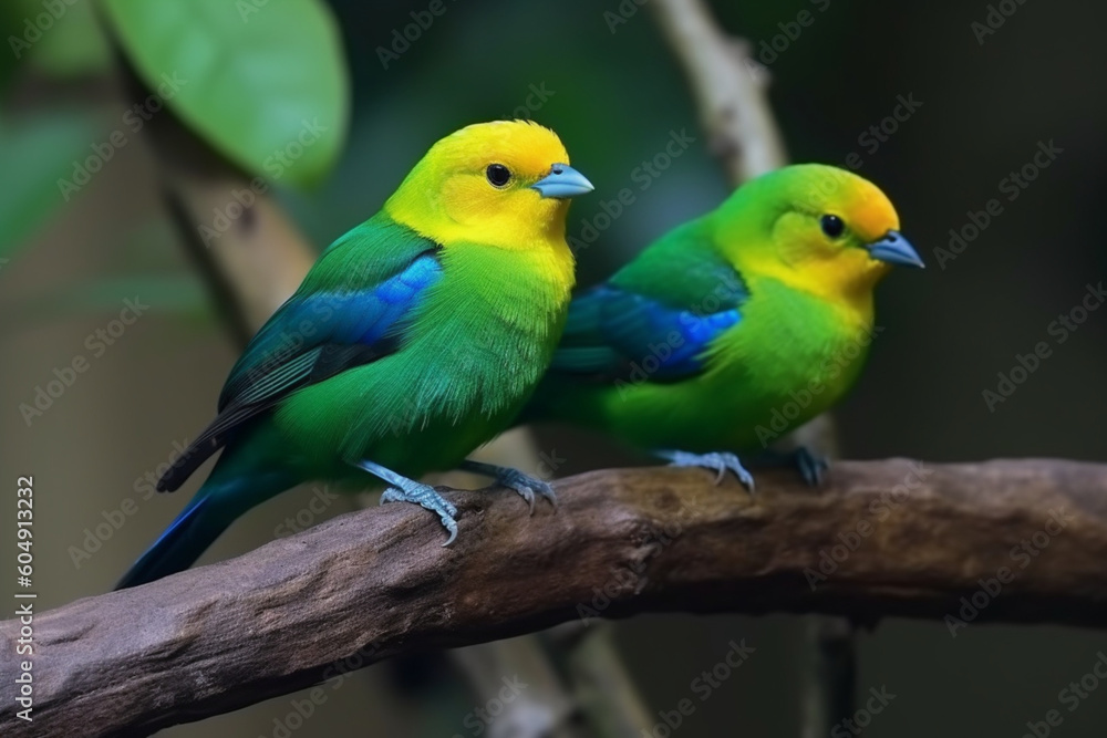 Cute birds, Beautiful tanager Blue-naped Chlorophonia Chlorophonia cyanea exotic tropical green songbird from Colombia, Wildlife from South America, Birdwatching in Colombia, Two animals on branch,