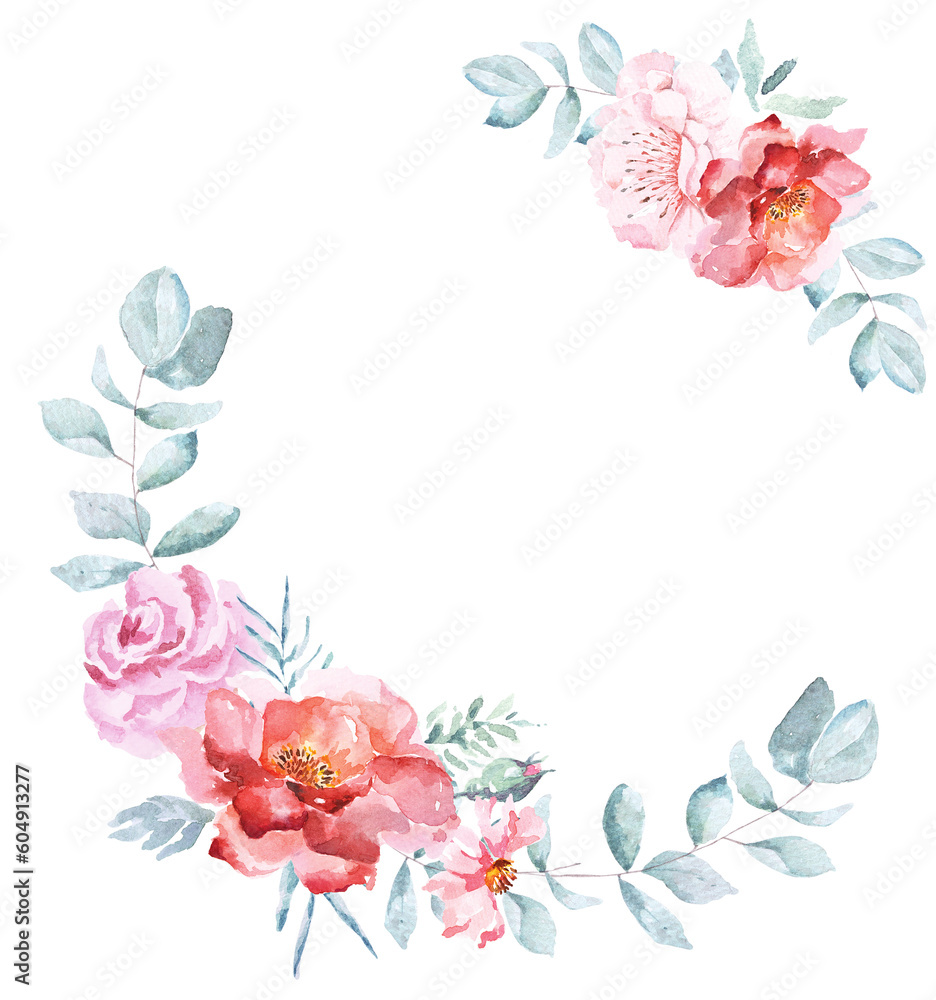Rose wreath painted in watercolor.Elegant floral collection with isolated rose, flower arrangements of roses, hand drawn watercolor.Design for invitation, wedding or greeting cards.