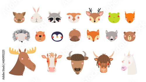 Fototapeta Naklejka Na Ścianę i Meble -  Cute funny baby animals faces illustrations set. Hand drawn cartoon characters. Scandinavian style flat design, isolated vector. Kids print elements, clipart collection, wildlife, nature, poster, card
