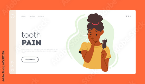 Tooth Pain Landing Page Template. Woman With Ice Cream Feel Toothache. Female Character Regrets Indulgence