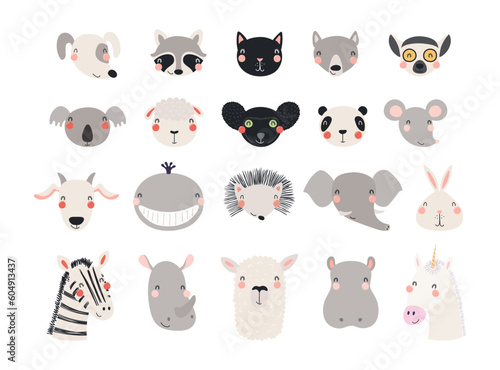 Cute funny baby animals faces illustrations set. Hand drawn cartoon character...
