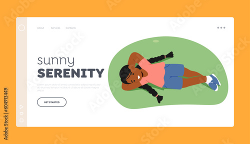 Sunny Serenity Landing Page Template. Little Girl Peacefully Lying On A Green Meadow View From Above Vector Illustration