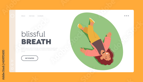 Blissful Breath Landing Page Template. Top View Of Little Girl Resting On Green Meadow, Enjoying Nature