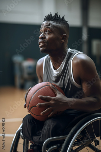 African american man with basketball ball sitting in wheelchair in gym, generative ai © Zelma