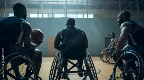 Disabled basketball team indoor. Diversity and inclusion concept. Generative AI photo