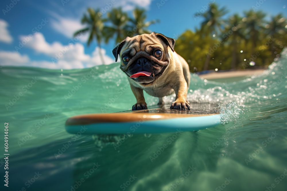 Image of a pug surfing on a surfboard at the beach on a sunny day.