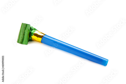 Party blue foil whistle or noise maker horn rolled isolated on white background.
