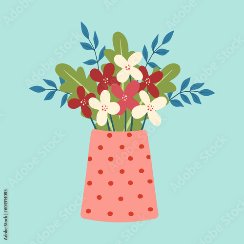Illustration of vase with flowers. Bright blooming flowers in vase. Design element for greeting card, invitation, print, sticker. Illustration for birthday, mother's day, valentine's and woman's day.