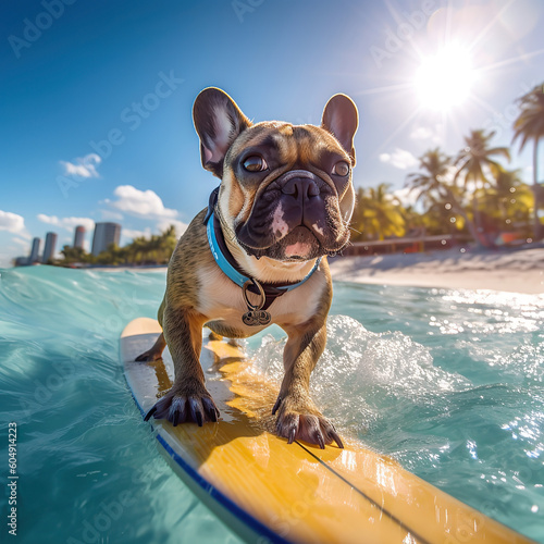 Image of a French bulldog surfing on a surfboard at the beach on a sunny day. © Stock Rocket
