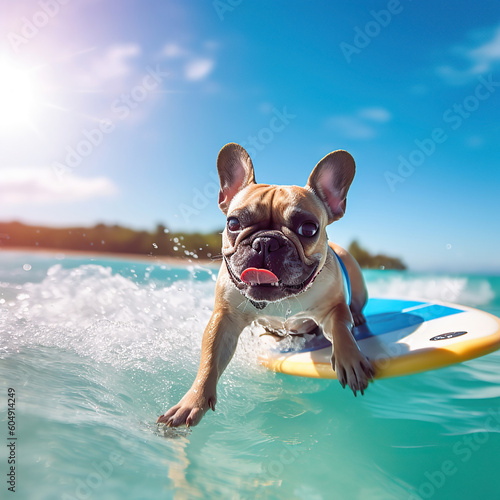 Image of a French bulldog surfing on a surfboard at the beach on a sunny day.