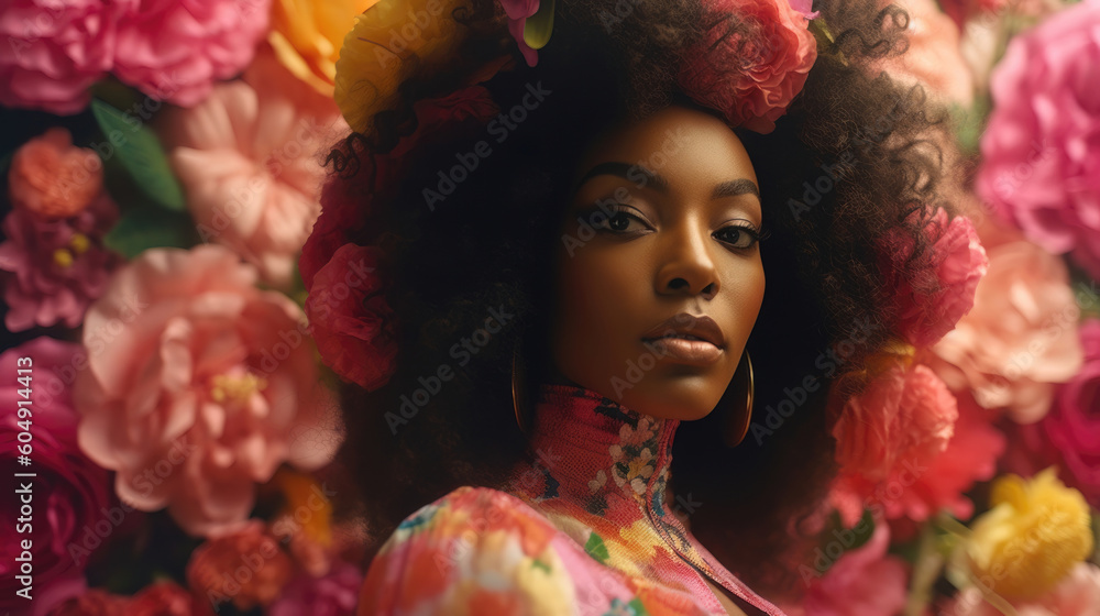 A black woman, styled with the elegance of classic Hollywood glamour. She stands against a backdrop of vibrant flowers, a stunning contrast that enhances her natural beauty. Generative AI A black woman, styled with the elegance of classic Hollywood glamour. She stands against a backdrop of vibrant flowers, a stunning contrast that enhances her natural beauty. Generative AI