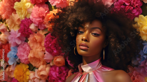 A striking close-up of a black woman exhibiting handcrafted beauty and bright hues, set against a flower wall in true Hollywood glamour style. Generative AI.