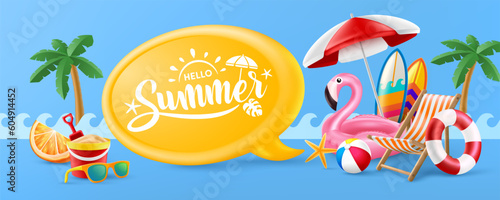 Hello Summer poster or banner template with Pink Flamingo Pool Float, Beach Chairs, Beach Umbrella,Surfboards and Summer element on blue background. Promotion and shopping template for Summer