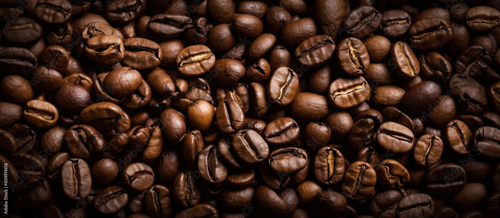 Fototapeta premium Coffee beans. Panoramic horizontal background of roasted aromatic coffee beans. Generative AI illustration.