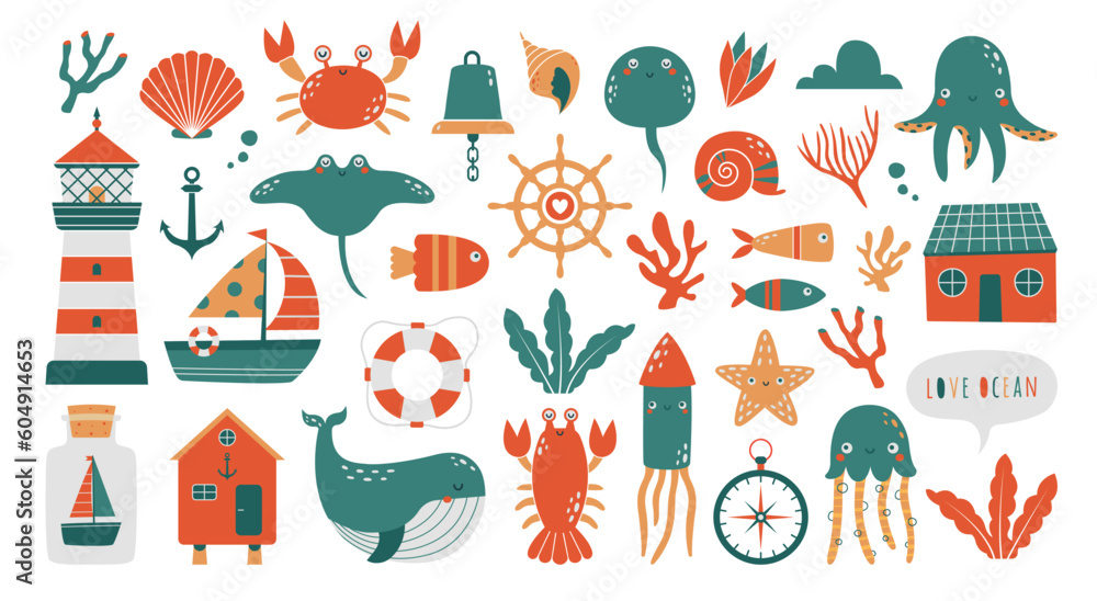 Collection of childish fancy illustration with sea, ocean animals, whale, crab, fish, lighthouse, ship, squid, coral, house. Funny cute cartoon's stickers for kid's greeting card, banner, logo
Collection of childish fancy illustration with sea, ocean animals, whale, crab, fish, lighthouse, ship, squid, coral, house. Funny cute cartoon's stickers for kid's greeting card, banner, logo