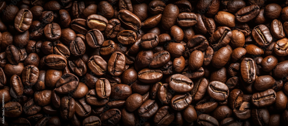 Fototapeta premium Coffee beans. Panoramic horizontal background of roasted coffee beans. Generative AI illustration.