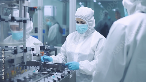 Staff in uniform check Medical vials on production line at pharmaceutical factory, Pharmaceutical machine working pharmaceutical glass bottles production, Generative AI
