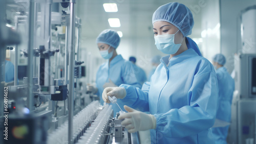 Staff in uniform check Medical vials on production line at pharmaceutical factory, Pharmaceutical machine working pharmaceutical glass bottles production, Generative AI