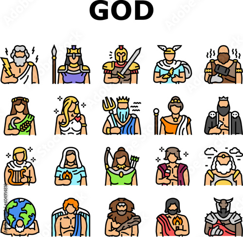 greek god mythology ancient icons set vector. goddess art, antique poseidon, gods zeus, greece dionysus, aphrodite athena, apollo greek god mythology ancient color line illustrations